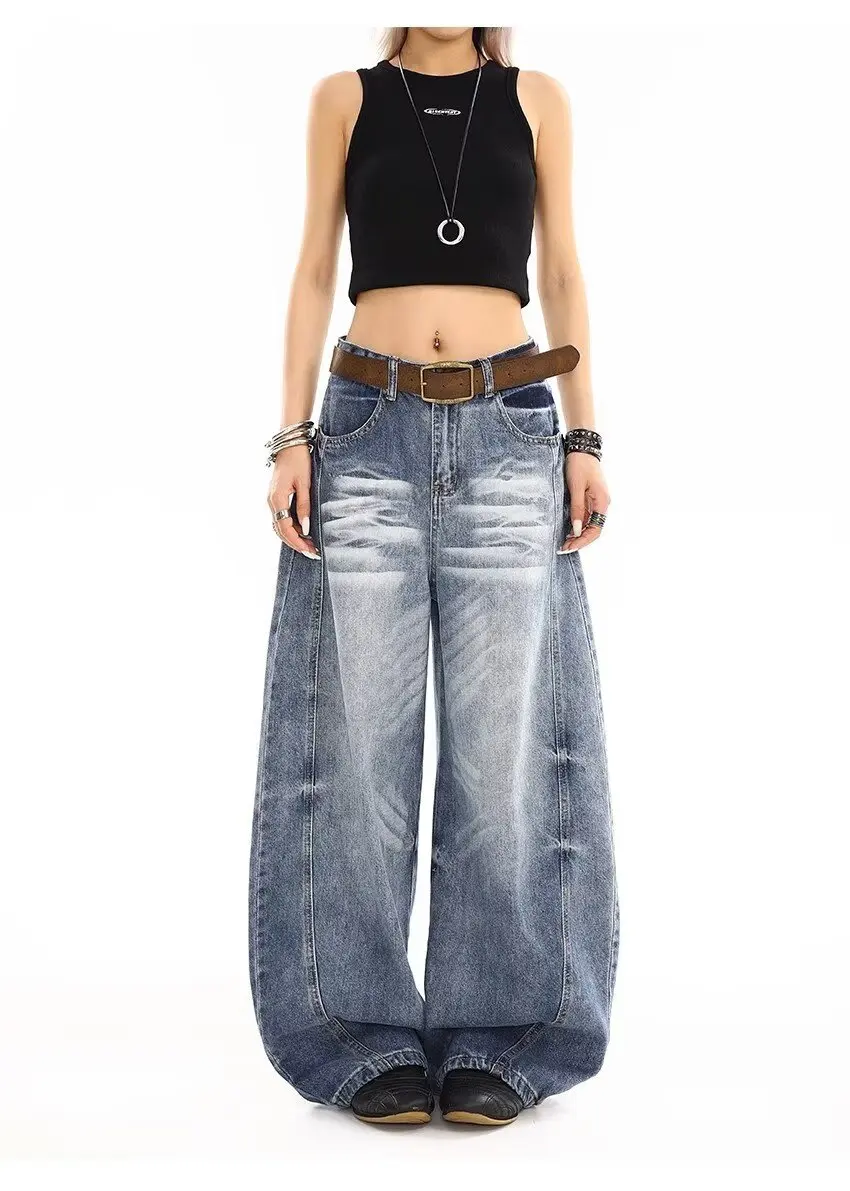

Women's Blue Hot Diamond Wide-Leg Flared Jeans Harajuku Y2k New Trend Korean 2000s High Waist Loose Straight Slim Thin Pants