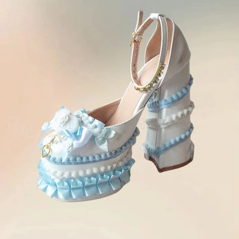 

Rose Red Falbala Bow Knot Design Platform Sandals Buckle Strap Women Shoes Chunky High Heel Party Feast 2025 Zapatos Para Mujere