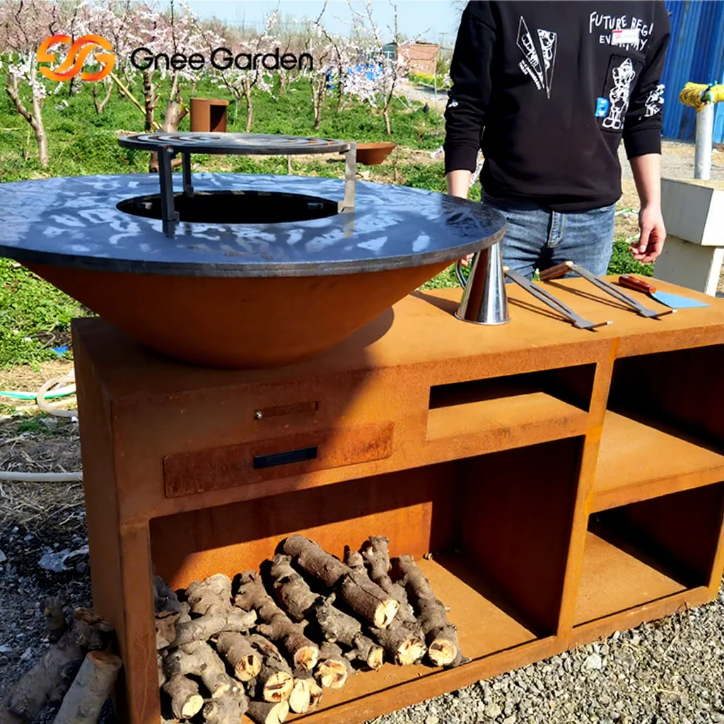 

Corten Steel Bbq Set/outdoor Charcoal Bbq Grill Metal Barbecue Fire Pit with Grill Table Wood