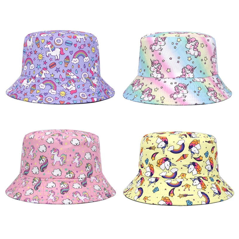 Bocca Children Bucket Hat Cartoon Unicorn Printing Girls Kids Fisherman Hats Pink Pattern Reversible Cap Summer Outdoor Sun Cap