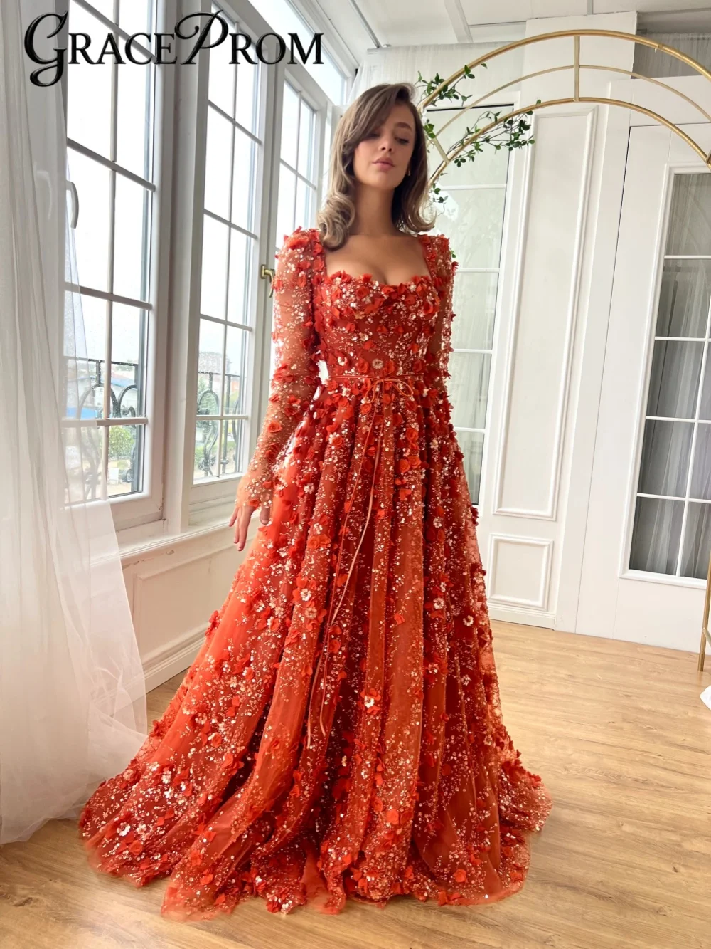 

Charming Orange Beaded 3D Flower Evening Dress Square Neck Long Sleeve Formal Party Gown Customized Elegant A-line Banquet Gowns