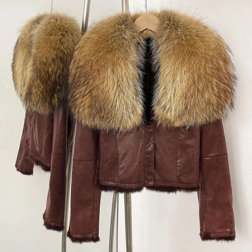 Giacca in pelliccia di realtà Giacca in pelliccia di procione naturale Cappotto in pelliccia di volpe Donna Autunno Inverno Pelle scamosciata Calda fodera in pelliccia di coniglio Cappotto corto femminile