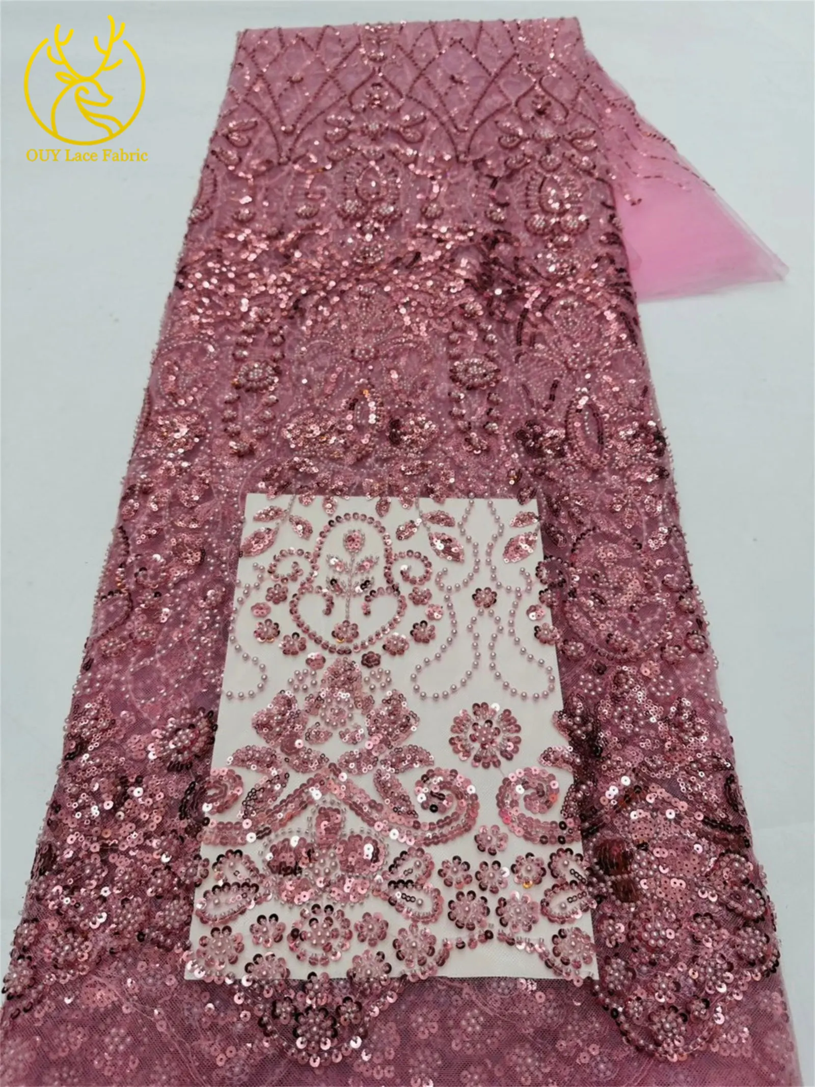 5 Yards meistverkaufter afrikanischer Pailletten-Spitzenstoff, hochwertige Mode, nigerianischer Perlen-Tüll-Spitzenstoff, Nähen von Partykleidern – Detail 4