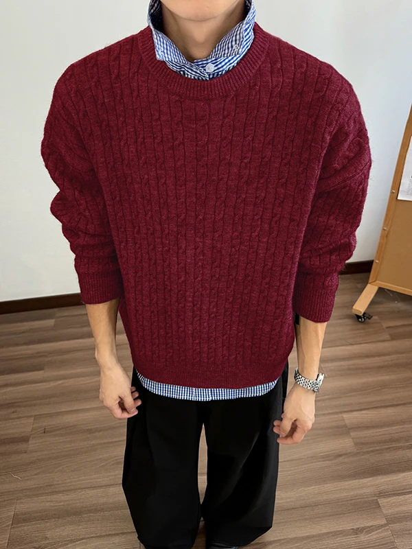 

Красный утепленный зимний вязаный свитер для мужчин, новогодний, повседневный, мягкий, из полиэфирного волокна, с круглым вырезом, для ношения под одеждой