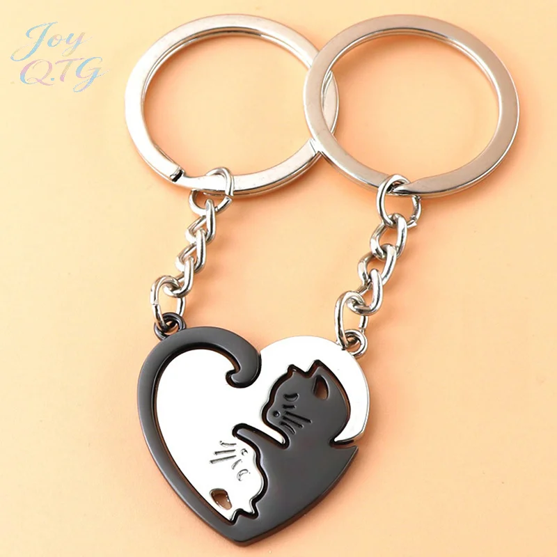1 paar Patchwork Herz Runde Paar Liebhaber Schlüsselring Nette Schwarze Katze Schlüsselbund Edelstahl Rucksack Auto Schlüssel Ring Hängen Schmuck