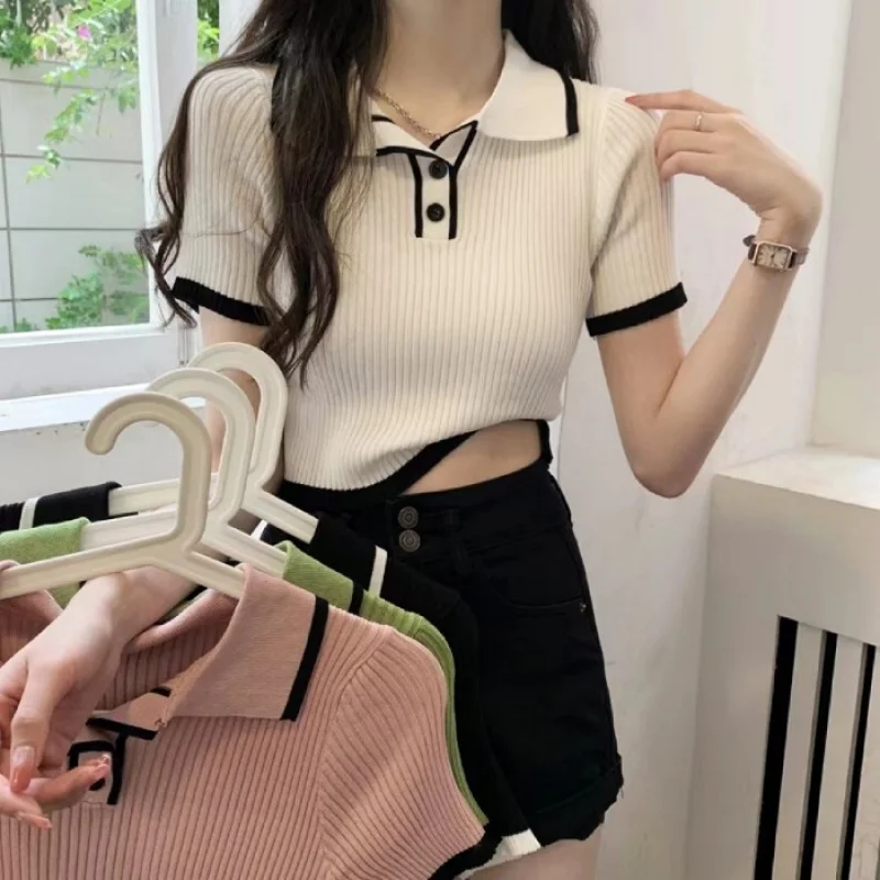 Contrast Color Polo Collar Shoulder Knitted Short Sleeves T-shirt Women\'s Summer Slim-Fitting Design Sense Niche Short Tops