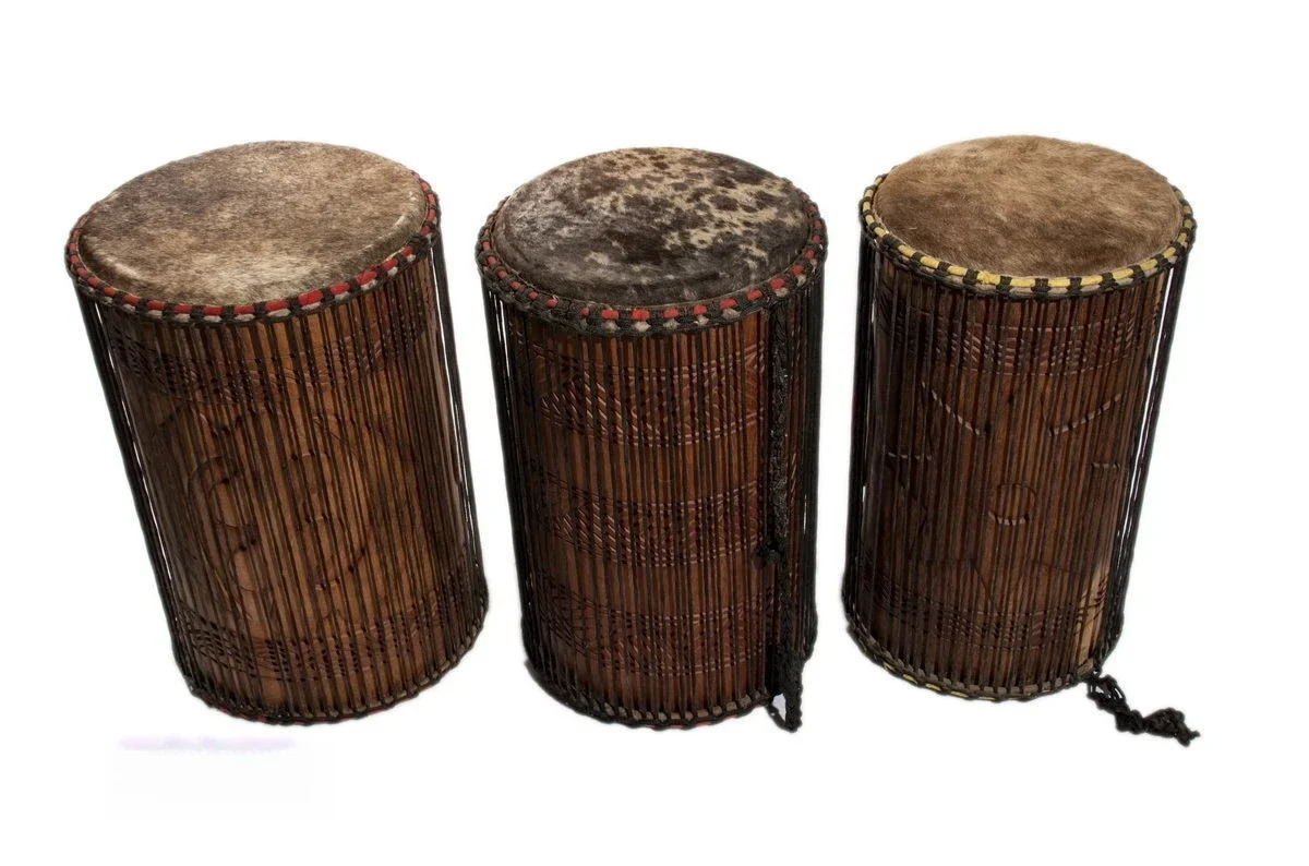 West African Ghanaian musical instruments, pier drums, African drums, bass drums
