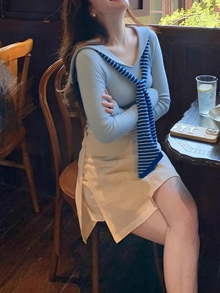 Sciarpa coreana delicata Sle lunga Sve Color Blo lavorata a maglia Colletto blu scuro Dimagrante Agel Ele Strato base Top per donna