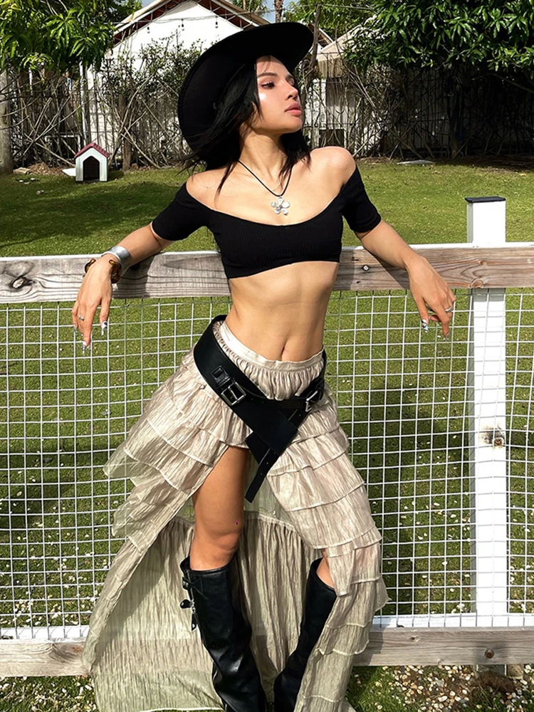 

Nibber Tierred Skirts Women High Slit Patchwork Skinny Hottie Sexy Midnight Music Festival Street Fashion Simple Chic Bottoms