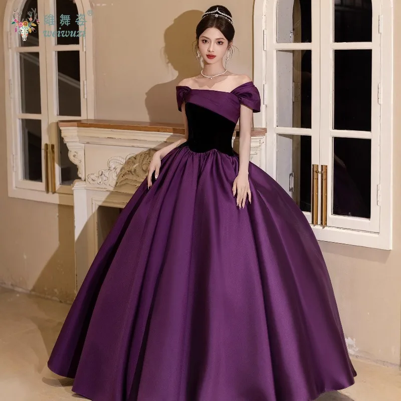 

Элегантное фиолетовое лоскутное черное атласное платье с вырезом лодочкой и открытыми плечами, женское длинное вечернее платье, концертный наряд для выступлений