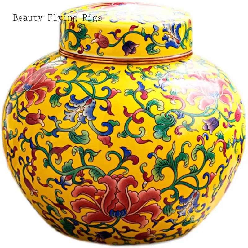 

Enamel colored ceramic tea can, large-sized palace style sealed tank, high-end Chinese herbal medicine round tank