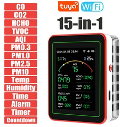 Home Air Quality Monitor Tuya WiFi 15 in 1 TFT Display Portable AQI PM0.3 PM1.0 PM2.5 PM10 CO CO2 TVOC HCHC Tester APP Co 이산화탄소
