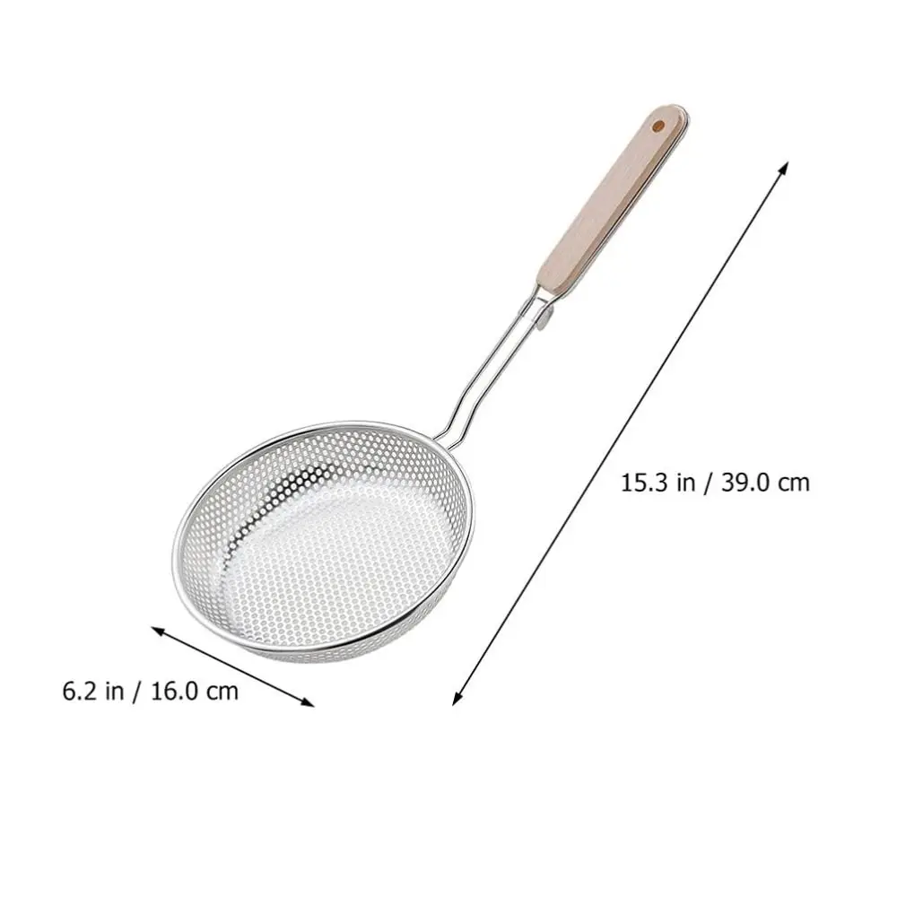 Wooden Handle Stainless Steel Strainer Rust-Proof Durable Dumpling Strainer Stainless Steel Mesh Long Handle Oil Frying Sieve