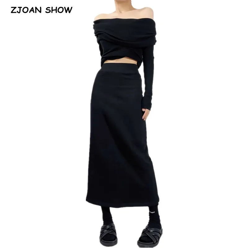 

American Retro Elastic High Waist Terry Back Slit Midi Skirt Autumn Winter Women Package Hips Sweats Skirt Gray Black White