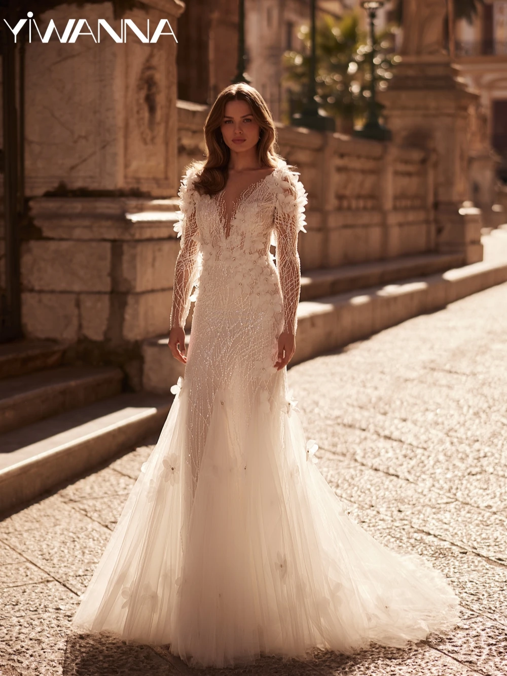 

Shiny 3D Flower Mermaid Wedding Dress Sequined Beads Long Sleeve Bridal Gown Customized Graceful Illusion Dresses For Bride