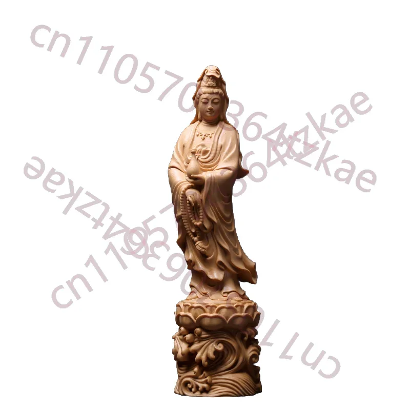Hand-Carved Hinoki Cypress Guanyin Statue - 13.8