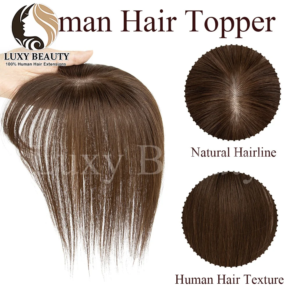 Short Brown Human Hair Topper With Bangs Women Natural Black Highlights Brown Skin Scalp Clip in Topper Hair Pieces Human Hair
