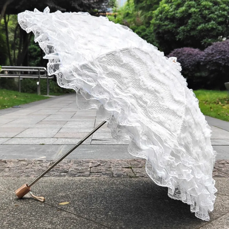 

2 Fold Black Lining Lace Embroidery Umbrella, UV Protection Rain Sun Princess Parasol for Women, Pure White Vintage Style