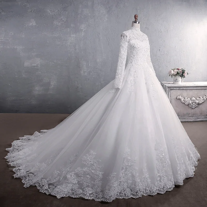 European and American Wedding Dress2024New Heavy-Duty Long-Sleeved Autumn Lace Bridal Stand Collar Large Trailing Minimalist Wed