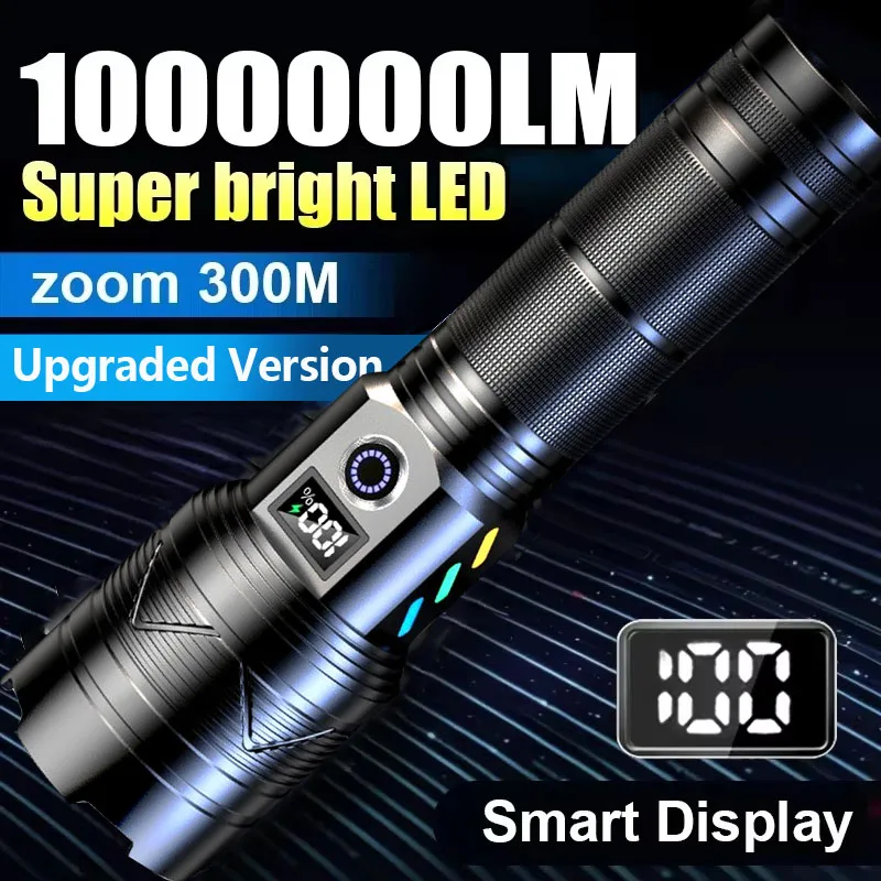 2026Powerful LED Flashlight Ultra Strong Light Torch USB Rechargeable Outdoor Camping Lamp Long-range Zoom Lantern Power Display