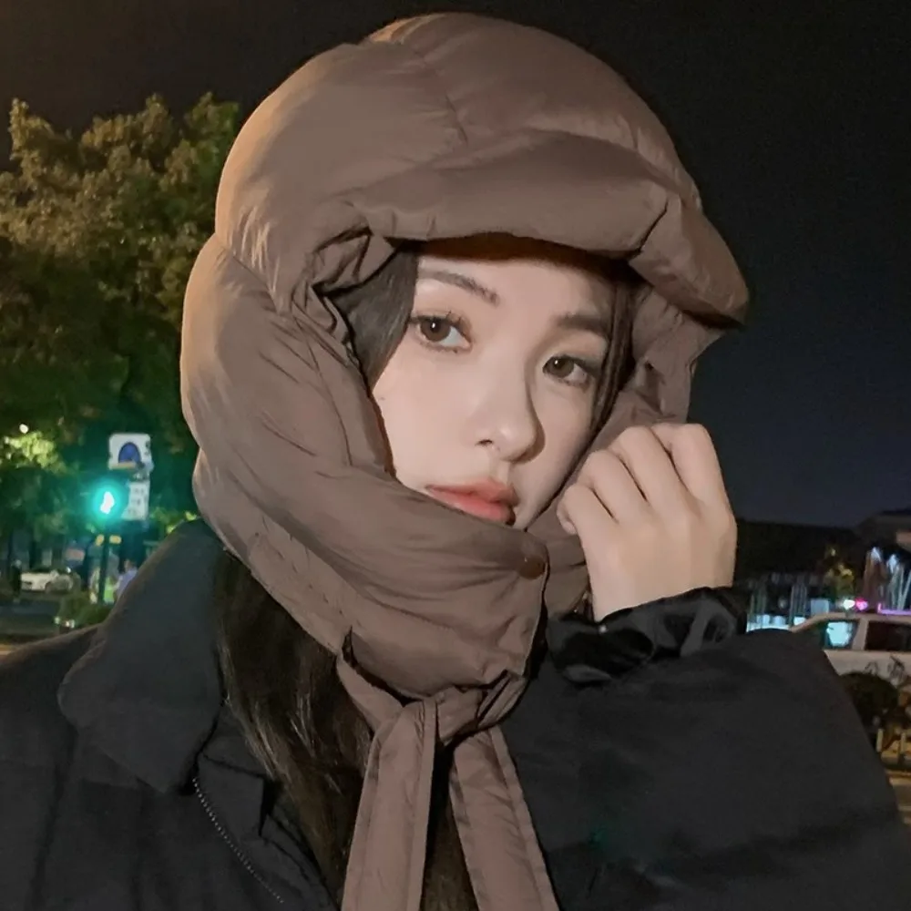 Casual Solid Color Padded Pullover Cap Korean Style Harajuku Balaclava Hat Windproof Neck Collar Puffy Ear Protection Cap Male