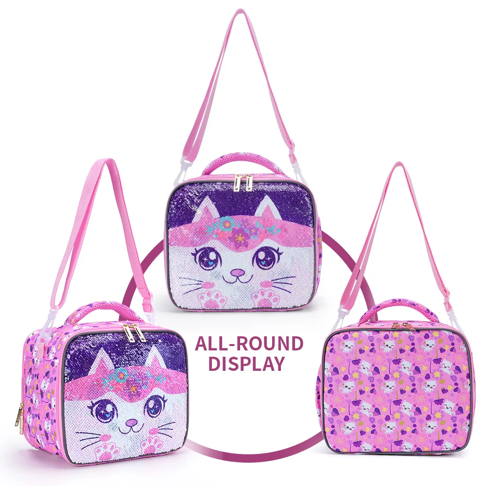 Lunch Bag For Girls, Cute Cartoon Kitty Sequin Design Lunch Box For Elementary Students, Kids Bento Box, Glow-in-the-dark Functi