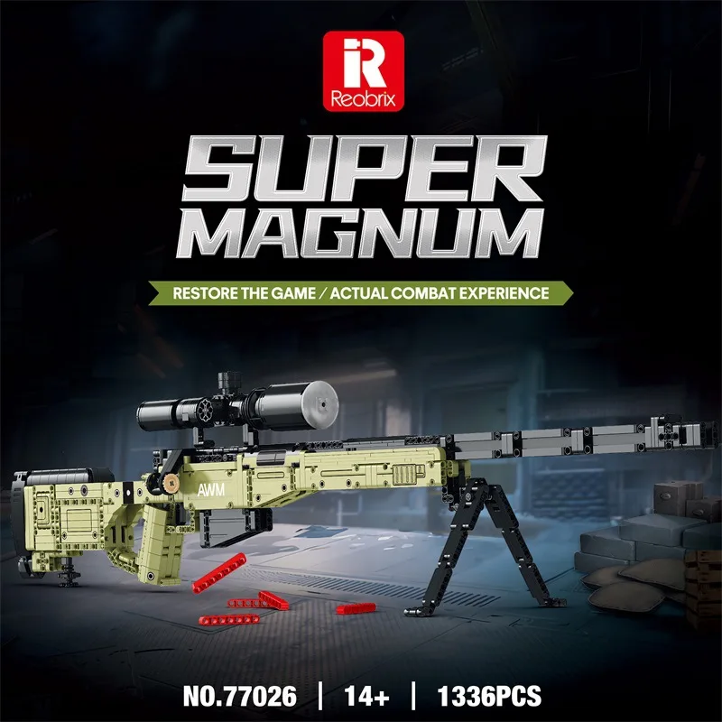 Reobrix 77026 Magnum AWM Sniper Rifle Model Military Weapons Series DIY Toys Building Blocks Boy Christmas Gift 1336Pcs