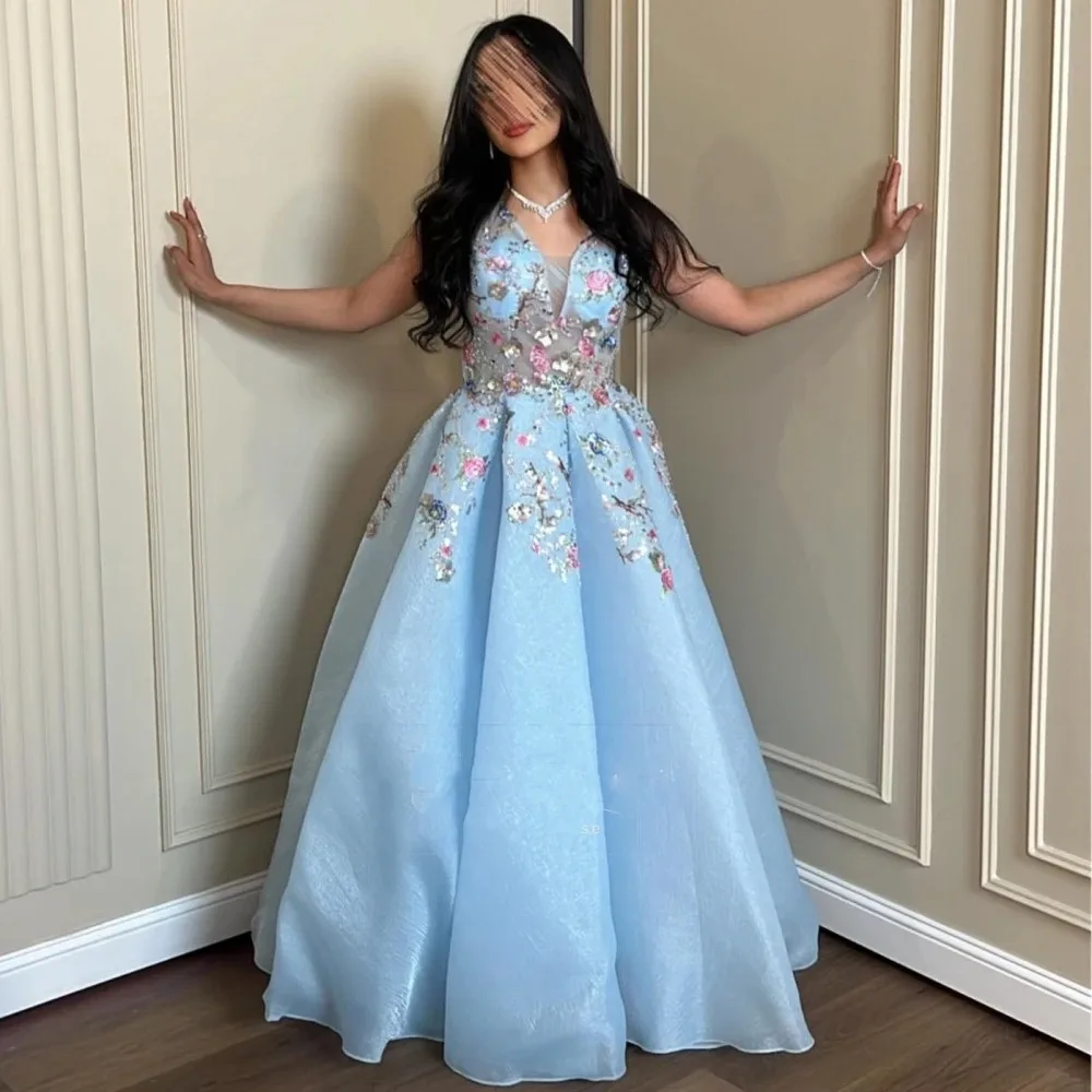 فستان سباغيتي أزرق مصنوع حسب الطلب على شكل حرف a ثلاثي الأبعاد من الدانتيل الزهري فستان عربي سعودي بدون ظهر طول الأرض ثنيات للحفلات الراقصة