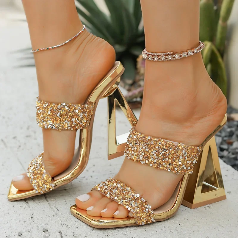Gold Sequined High Heel Sandals Women Summer Fashion Square Toe Strange Heeled Slippers Woman Shiny Rhinestone Party Dress Shoes