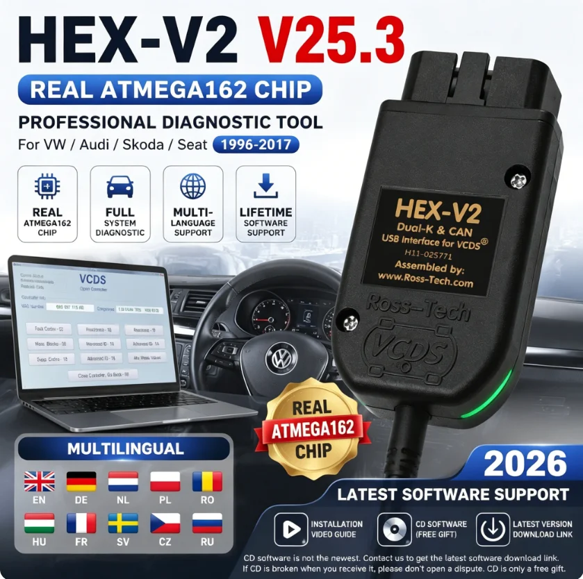 2026 Beliebter VCDS VAGCOM 25.3 HEX CAN USB OBD2 Scanner für VW AUDI Skoda Seat VAG Mehrsprachig ATMEGA162 AUTOCOM VAG HEX V2 TOOL