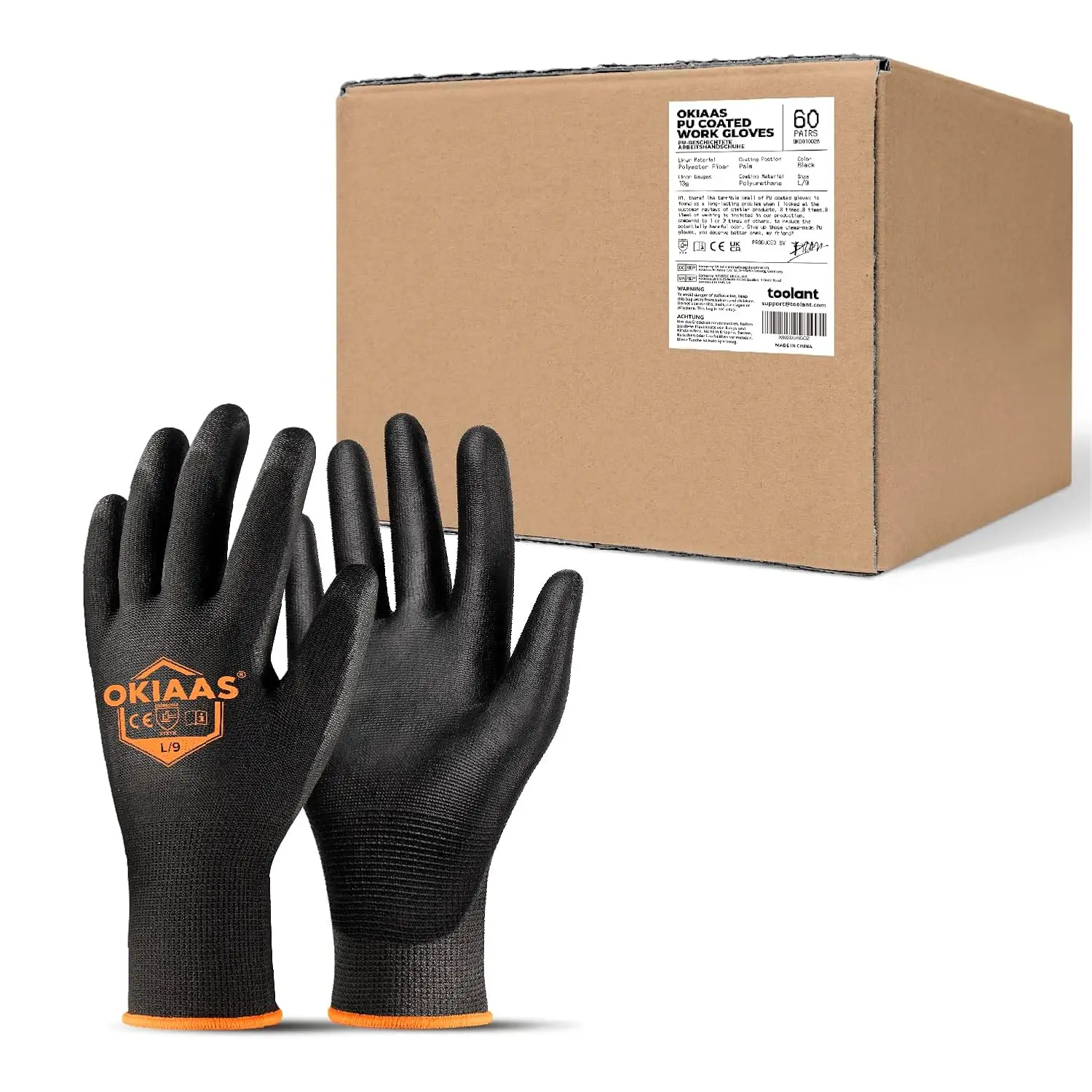 Ultra Thin Lightweight Work Gloves with Grip, 60 Pairs Bulk Case, Polyurethane Coated for Light Duty Construction (Black, Large)