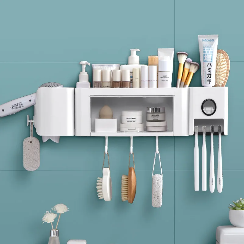 

Hair Dryer Bracket Bathroom Organizer Shelf Storage Rack Home Accessories Item Toothbrush Holder Toothpaste Squeezer No Drill