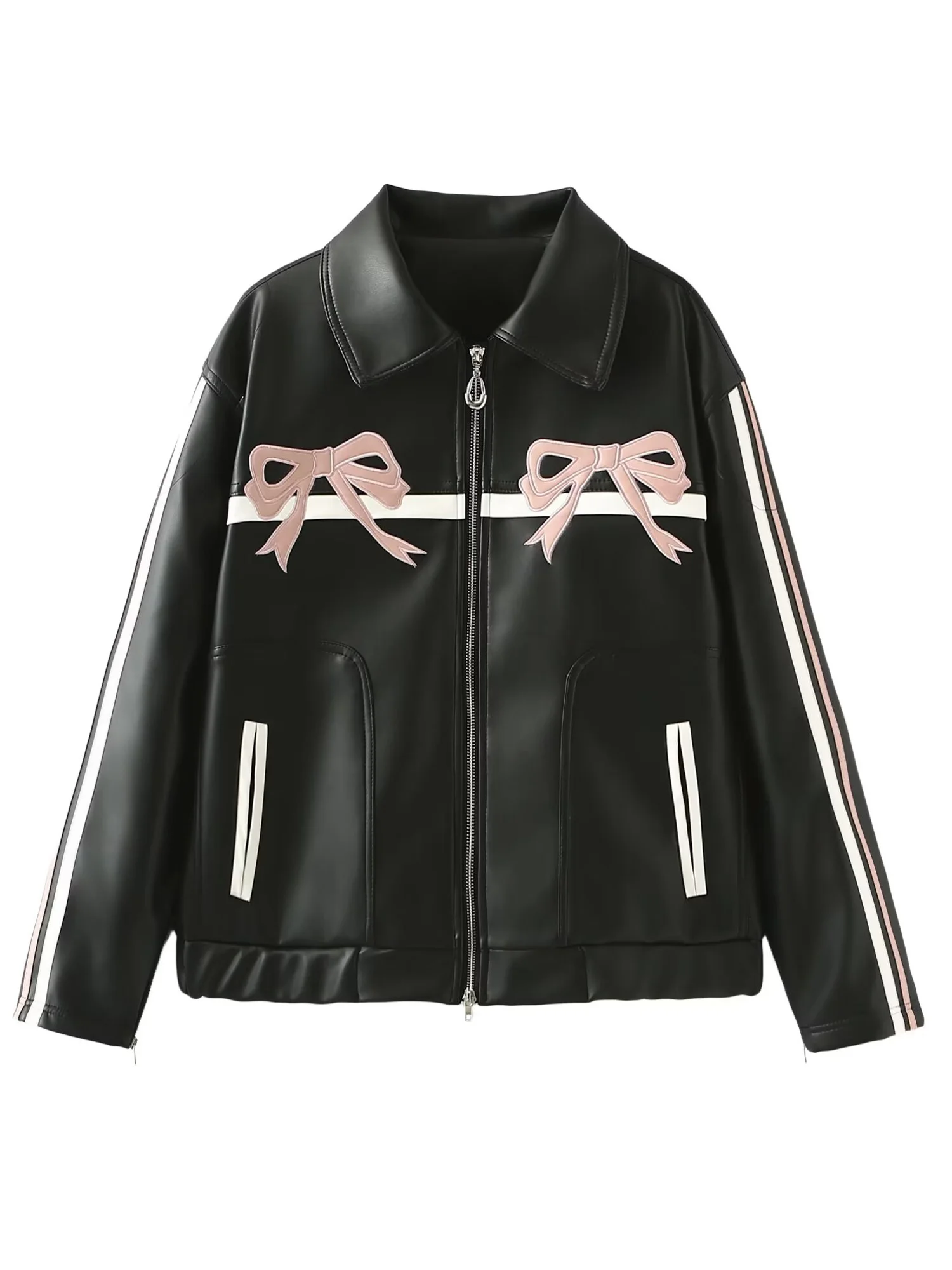 New Retro Harajuku Style Sweet Bow 2024 Fashion Original Black Women Leather Street Spice Hip Hop Loose Casual PU Coats Top