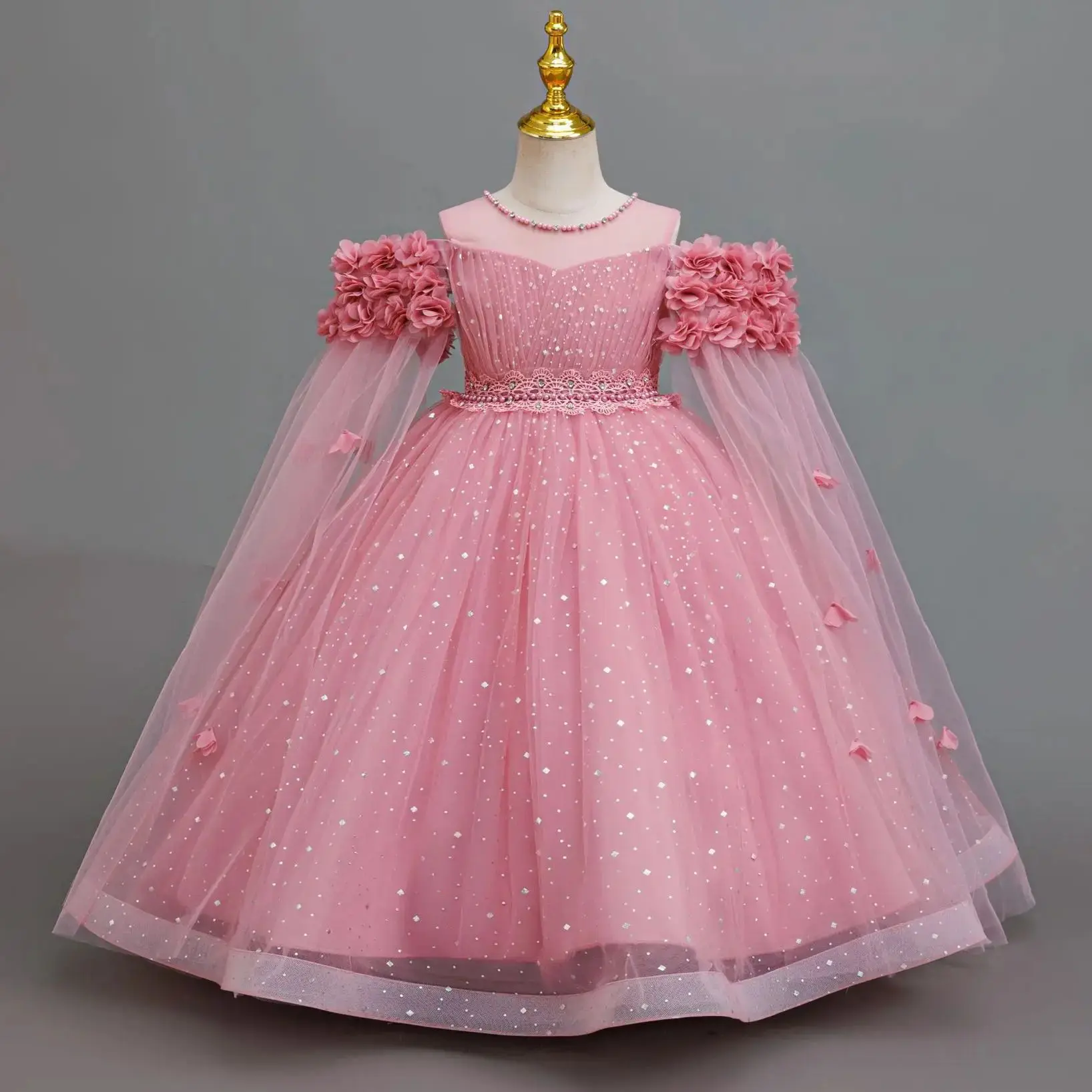 HETISO Kids Dresses Beading Flower Girls Festive Elegant Princess Prom Ball Gown Dots Lace 4-12 Years