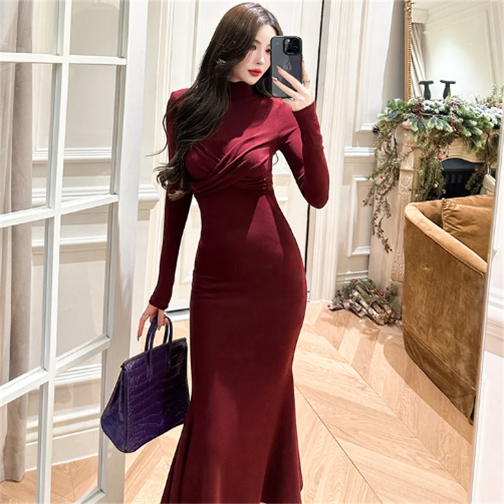 

Retro long-sleeved slim fishtail dress new stretch dress buttocks long women