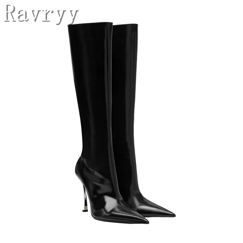 

Black Metal Thin Heel Pointed Toe Long Boots Side Zipper Knee Length Boots Sexy High Heel Party Women's Winter Boots