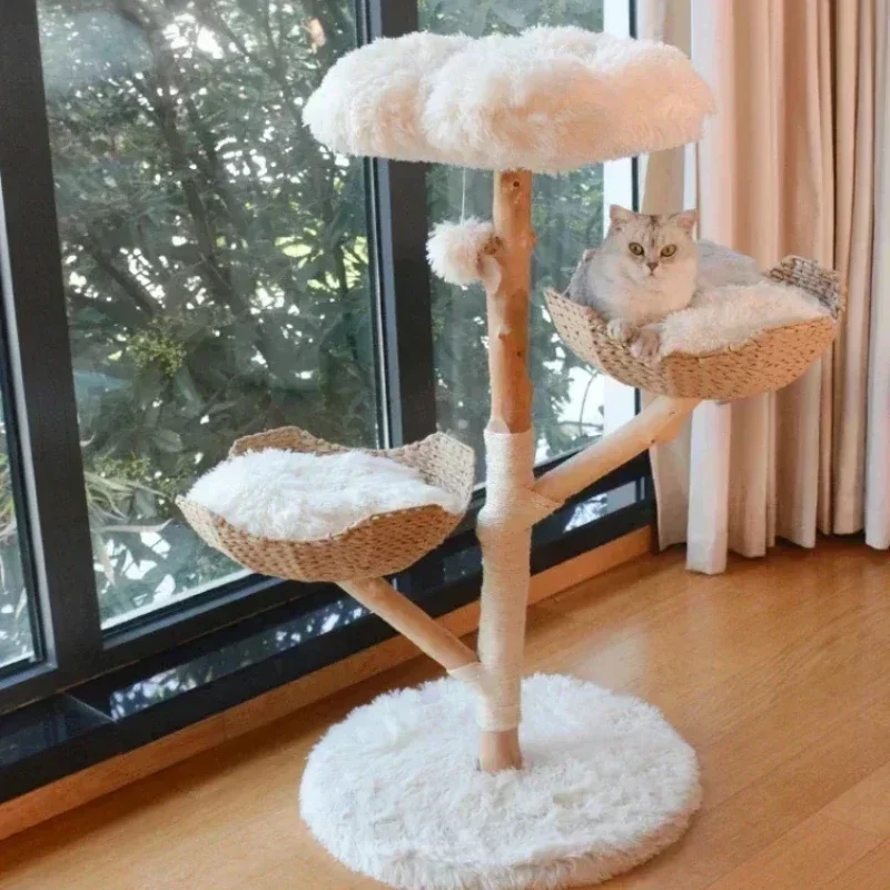 Solid Wood Cats Climbing Frame and Cat Nest Integrated Weaving Cat Tree Luxury Villa Cats Jumping Platform Natural Pet Nest Toys