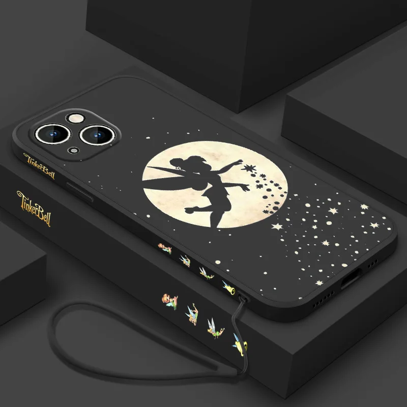لطيف ديزني تينكر بيل السائل الحبل الأيسر جراب هاتف آيفون 16 15 14 13 12 11 برو ماكس Mini X XR XS 8 7 Plus Funda غطاء ناعم