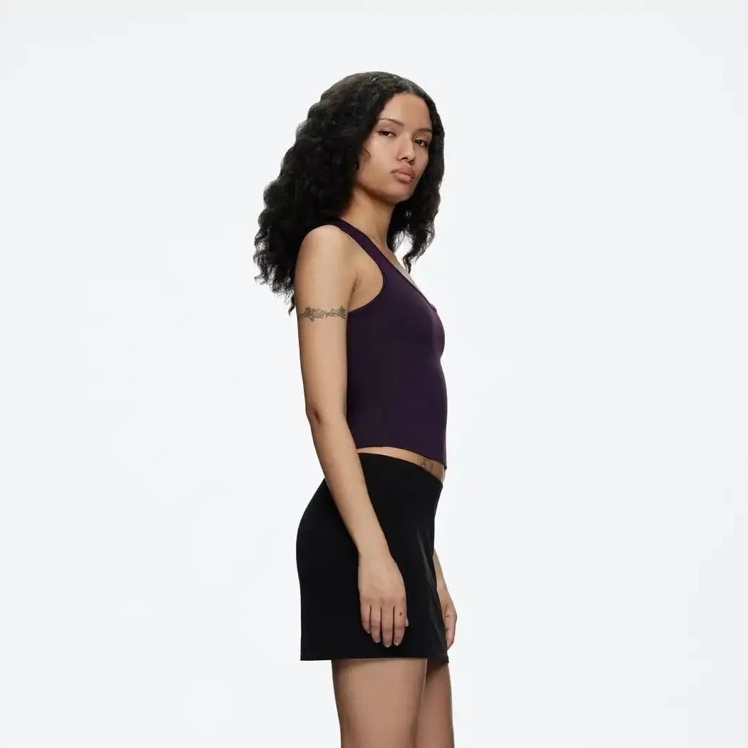 탱크 퍼플 유넥 여성 섹시 캐미솔 와이드 숄더 스트랩 레이서백 캐주얼 스포츠 요가 탑