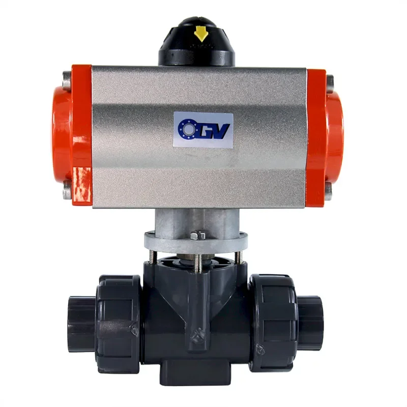 Одинарный пневматический привод для ANSI-DIN JIS ПВХ DN25, резьба true union gule, пневматический 3-ходовой шаровой клапан из НПВХ Одинарный пневматический привод для ANSI-DIN JIS ПВХ DN25, резьба true union gule, пневматический 3-ходовой шаровой клапан из НПВХ