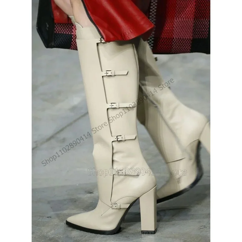 

White Knee High Buckle Decor Pointed Toe Boots Side Zipper Women Shoes Chunky High Heels Party Runway 2024 Zapatos Para Mujere