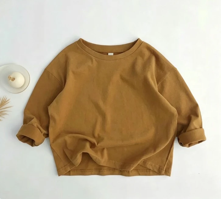 Kids Solid Color Long Sleeve T Shirt Neutral Tone Cotton Tops Soft Fabric Loose Fit Casual Tees For Toddler Wear Baby Kid Wear 4