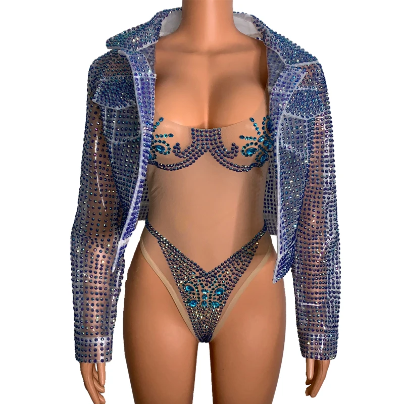 

Full Rhinestones Coat Sexy Mesh Perspective Bodysuit Women Party Gogo Dancer Costume Pole Dance Clothing Rave Outfit XS7471