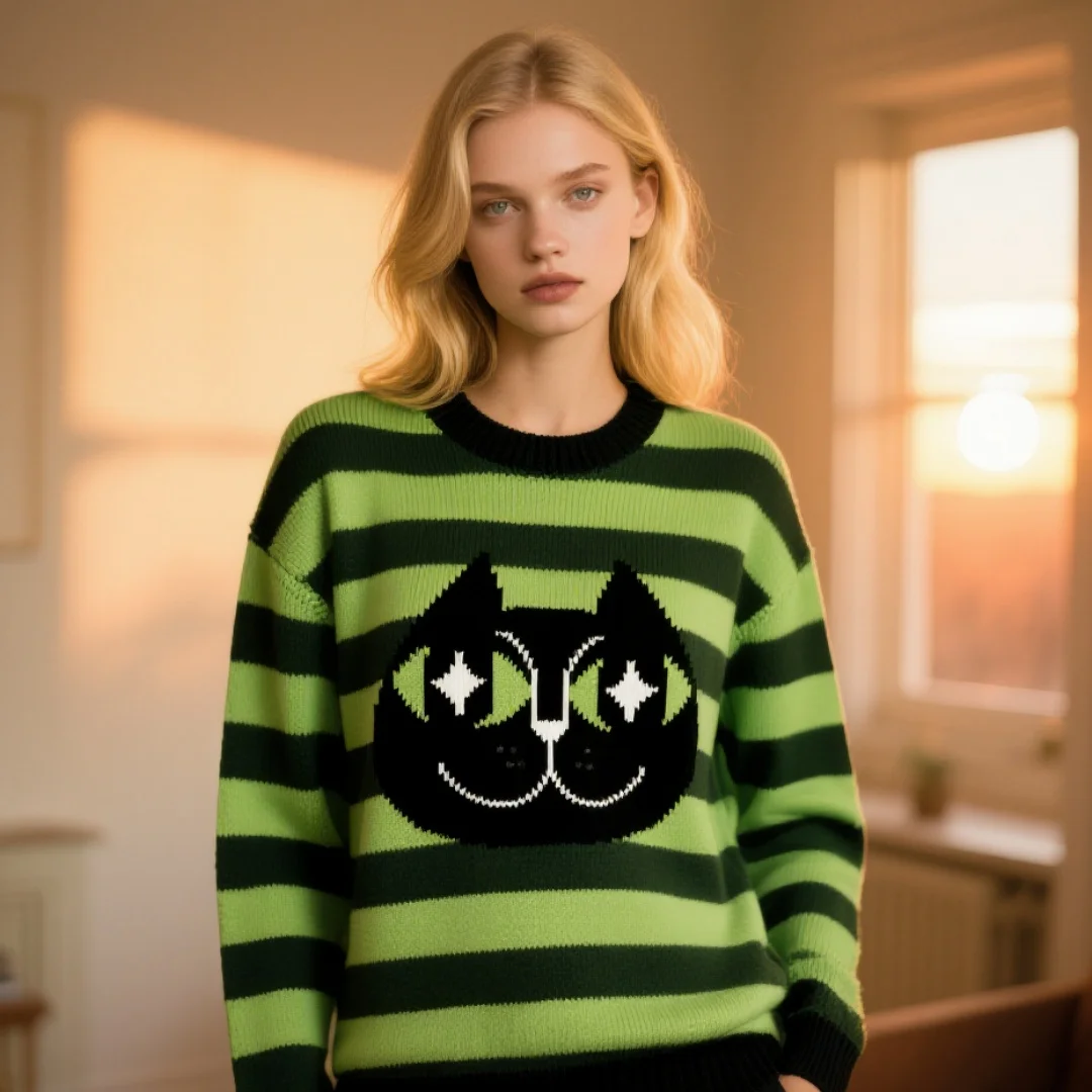 

Вязаный свитер зеленого кота в стиле ретро, женский модный осенний топ с круглым вырезом и длинными рукавами в инновационном стиле