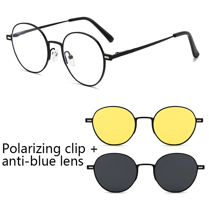 Round Metal Frame Polarized Magnetic Black Night Vision Clips On Glasses Optical Prescription Magnet Eyeglasses Magnet Exposed