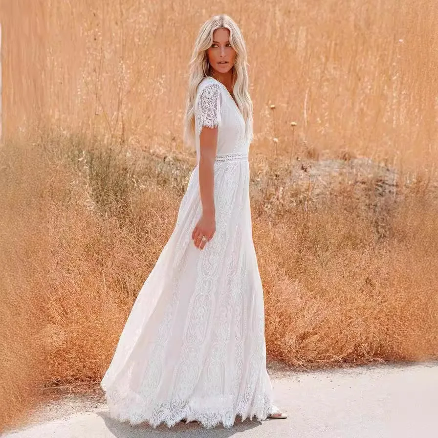 2023 Winter New Autumn Sheer Deep V Pullover Wedding Long Dress Straight