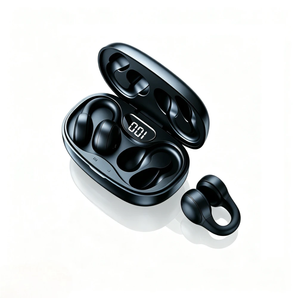 Wireless Ear Clip Bone Conduction Earbuds Ultra Lightweight Wearing Low Latency Gaming Audio-Video Sync with Digital Display