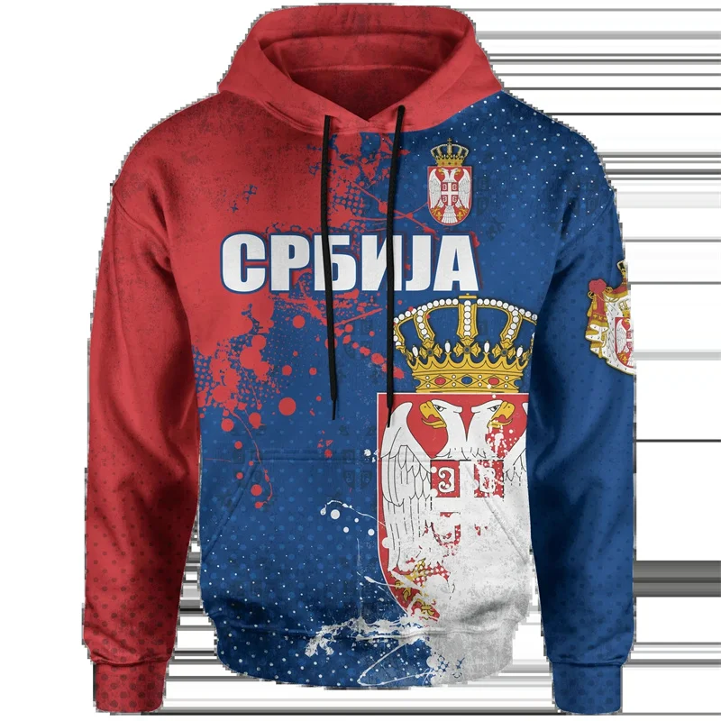 Serbia Flag Pattern Hoodies Fashion Casual Long Sleeve National Emblem 3D Printed Pullovers Mens Women Street Loose Sweatshirt