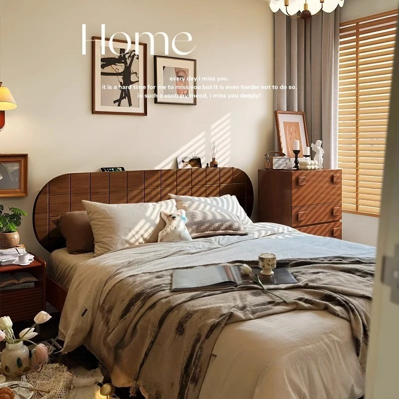 Medieval style full solid wood bed, modern simple walnut double bed, Nordic retro floating bed