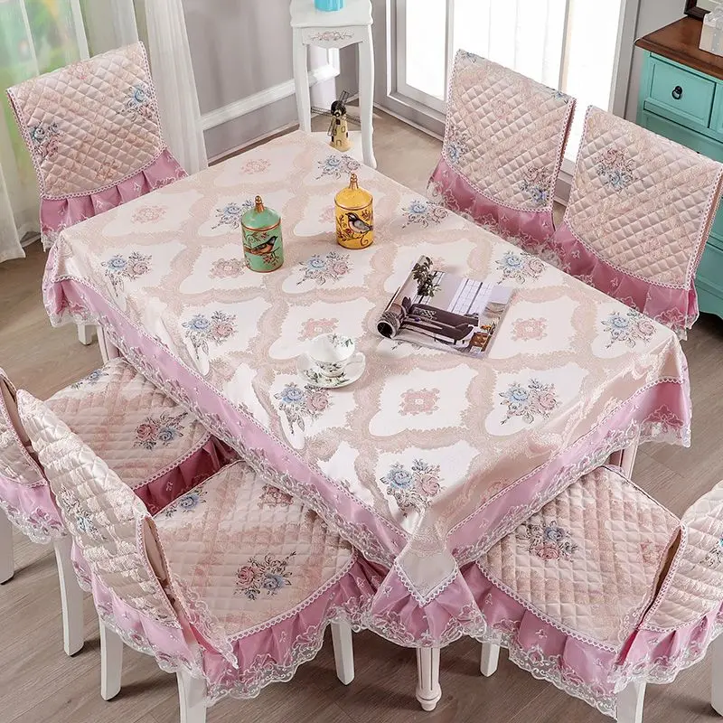 Pastoral Style Dining Table Cloth Chair Cover Set Home Hotel Decoration Lace Tablecloth Flower Pattern Dining Coffee Tablecloth